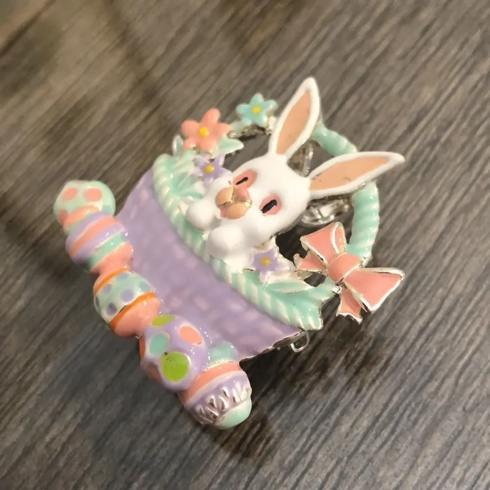 Rabbit in Easter Basket Silvertone & Enamel Easter Pin / Pendant